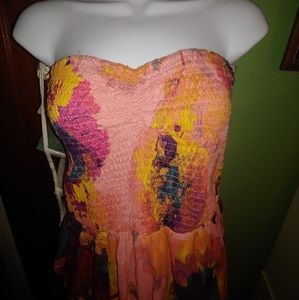 Strapless Pink Floral Dress Handkerchief Hem